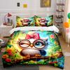 Colorful Owl, Nature Background. Print Bedding Set 1 Duvet Cover 2 Pillowcases For Adult And Children Luxury Gift Full Size