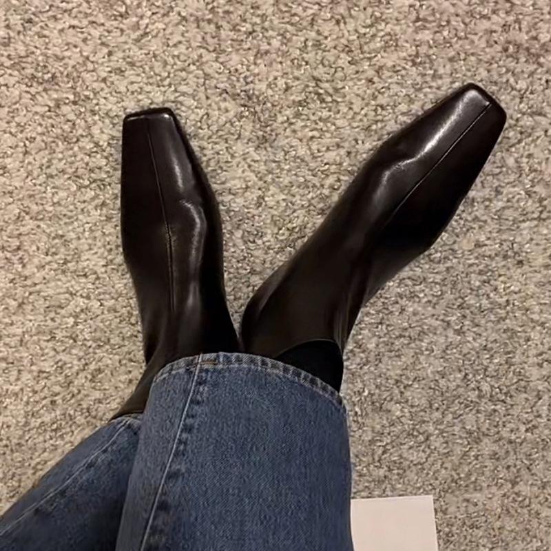 Cowhide Version~ French Small Ankle Boots Special-shaped and Thin Boots Leather Low-heeled Martin Boots Women's Square Head Foreign Style Small S