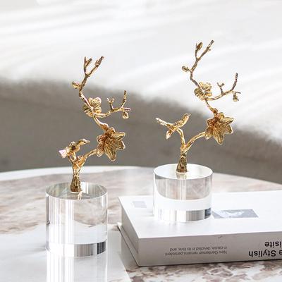 Adornos florales de metal con base cilíndrica de cristal de lujo, estilo chino, para casa, decoración suave, manualidades