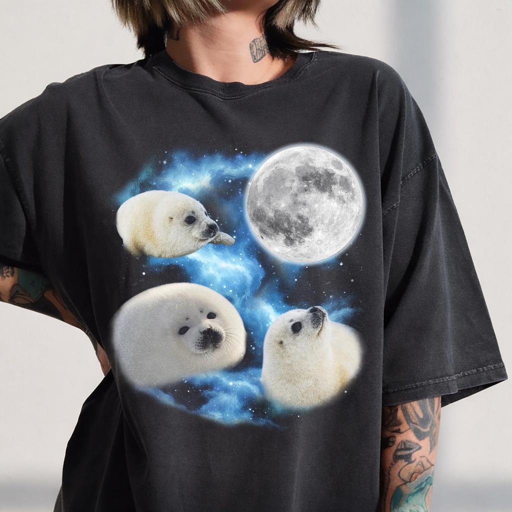 Baby Seal Moon Howling Graphic Mens Kids T Shirt, Retro Washed Comfort Colors Tee