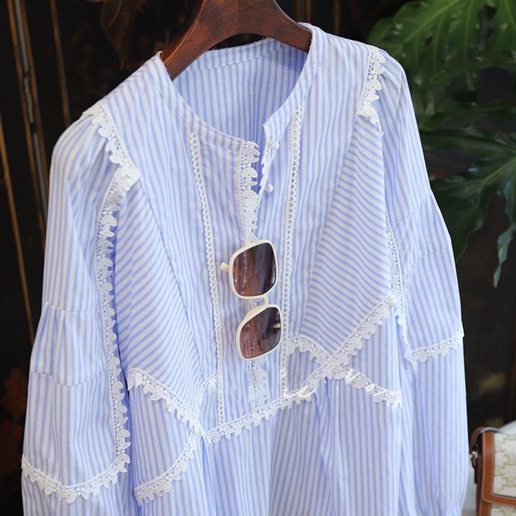 Blue & White Striped Water-Soluble Lace Lantern Sleeve Women s Shirt - Spring/Summer S
