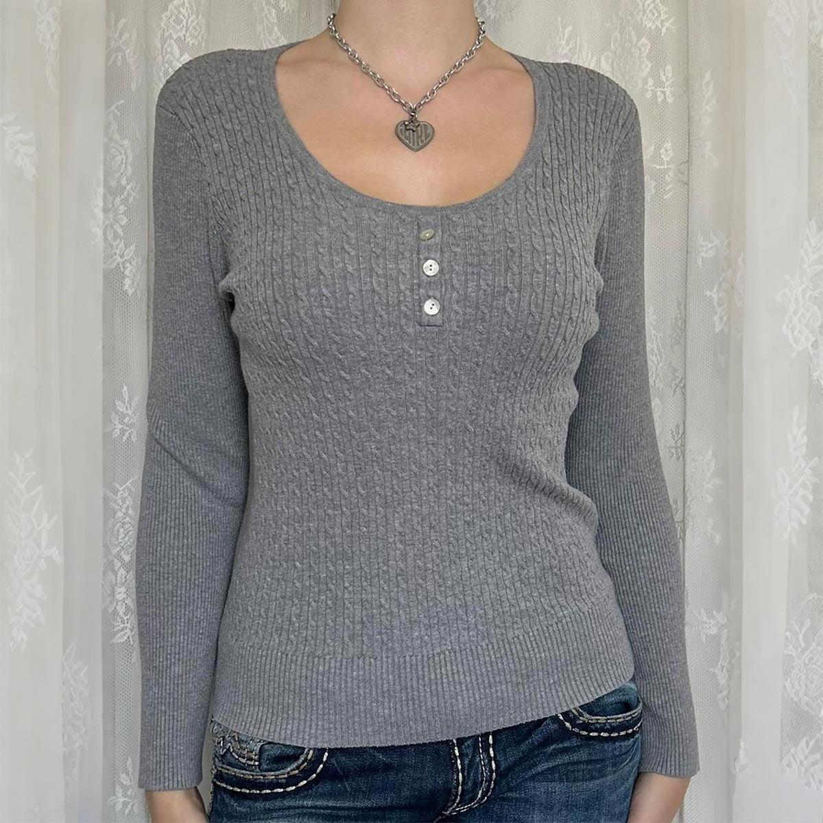 

Повседневный Простой Стиль Базовая Футболка-свитер с длинным рукавом Шерстяная Женская С Круглым Вырезом Приталенный Жаккардовый Топ S серый