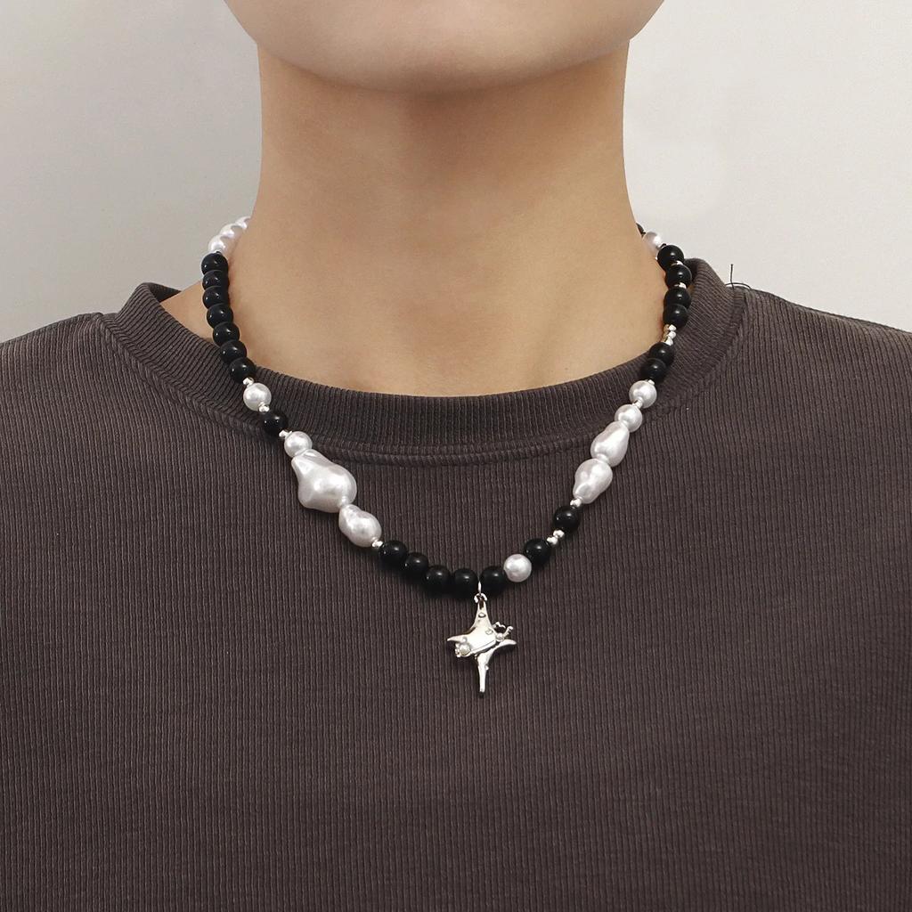 Punk Vintage Cross Star Crystal Beaded Collar Pendant Necklace for Women Personality Baroque Pearl Chain Hip Hop Rock Jewelry
