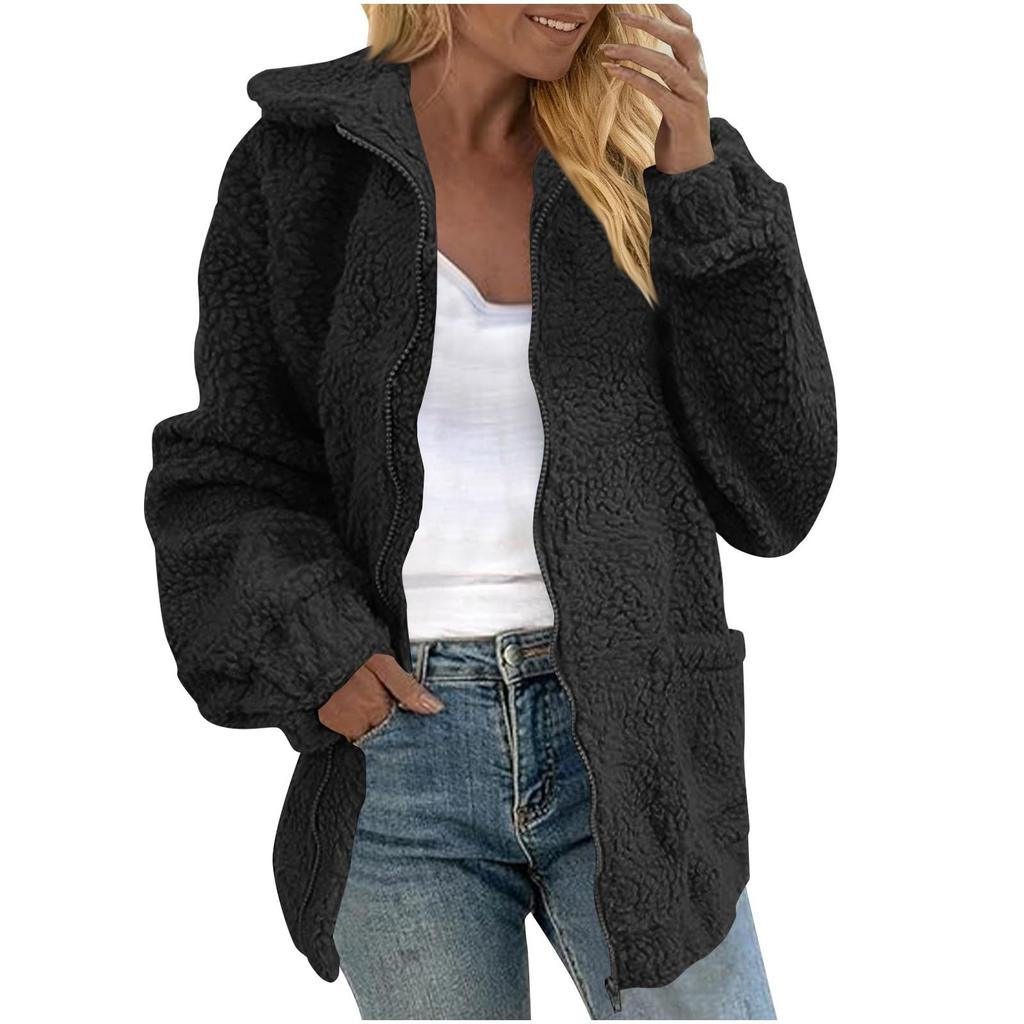 Womens Fleece Jacket Zip Up Jackets Lightweight Plush Coat Casual Outerwear Shaggy Fall Winter Coats