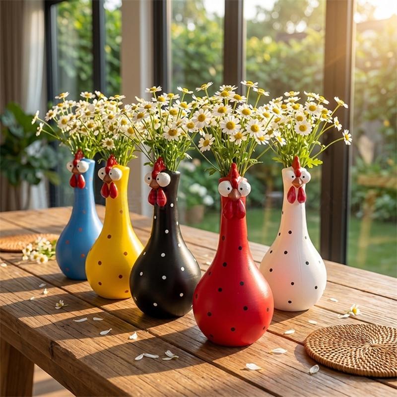 Colorful Dot Rooster Shape Flower Vases Unique Resin Long Neck Chicken Sculpture For Living Room Office Decoration