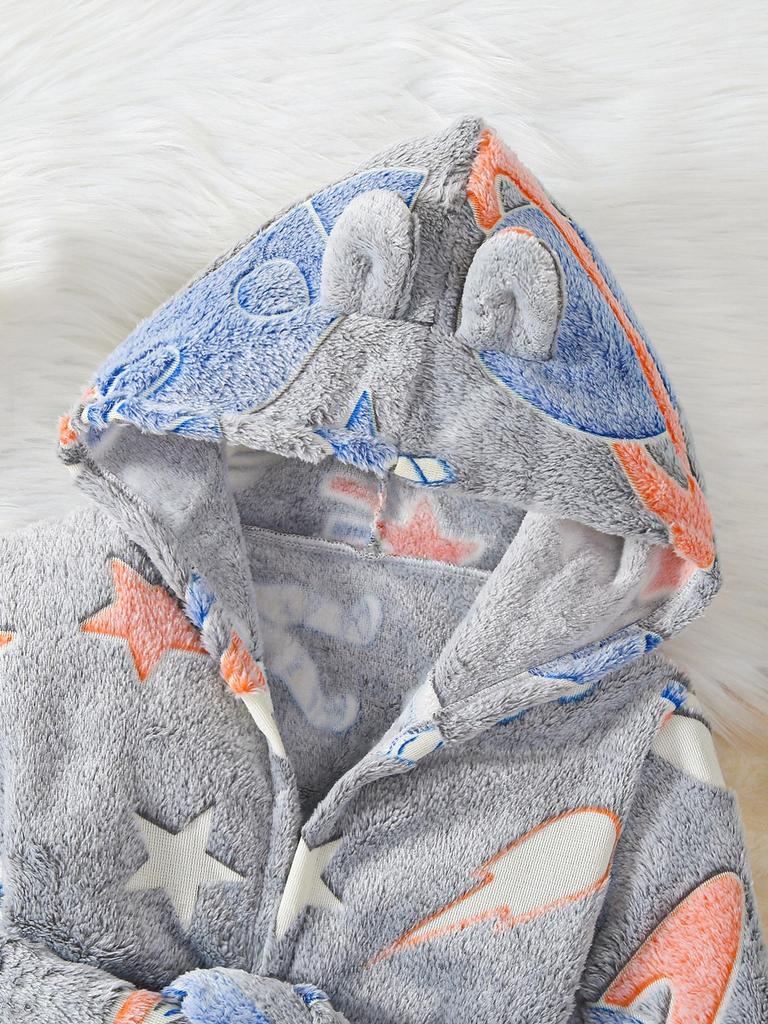 European & American Boys' Plush Hooded Jacket with Stars & Astronaut Flowers