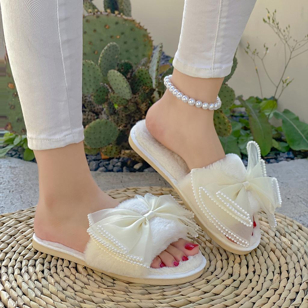 Casual Slippers Women Flat Low Heels Warm Plush Shoes for Women Solid Fur Butterfly Knot Pearl Slip On Winter Slides Plus Size