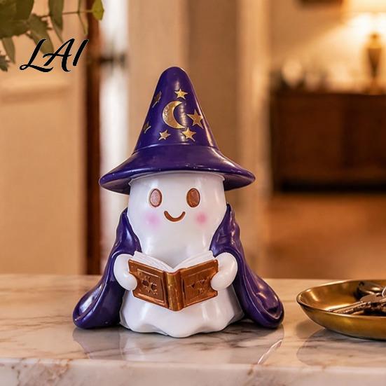Whimsical Ghost Sculpture Lighted Figurine Resin Wizard Statue with LED Light Cute Indoor Halloween Accessories Reading Book Night Light for