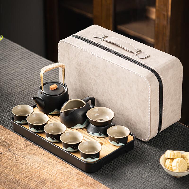 Zhuijia Black Pottery Kung Fu Tea Set Medium Plate & Grey Travel Bag Set