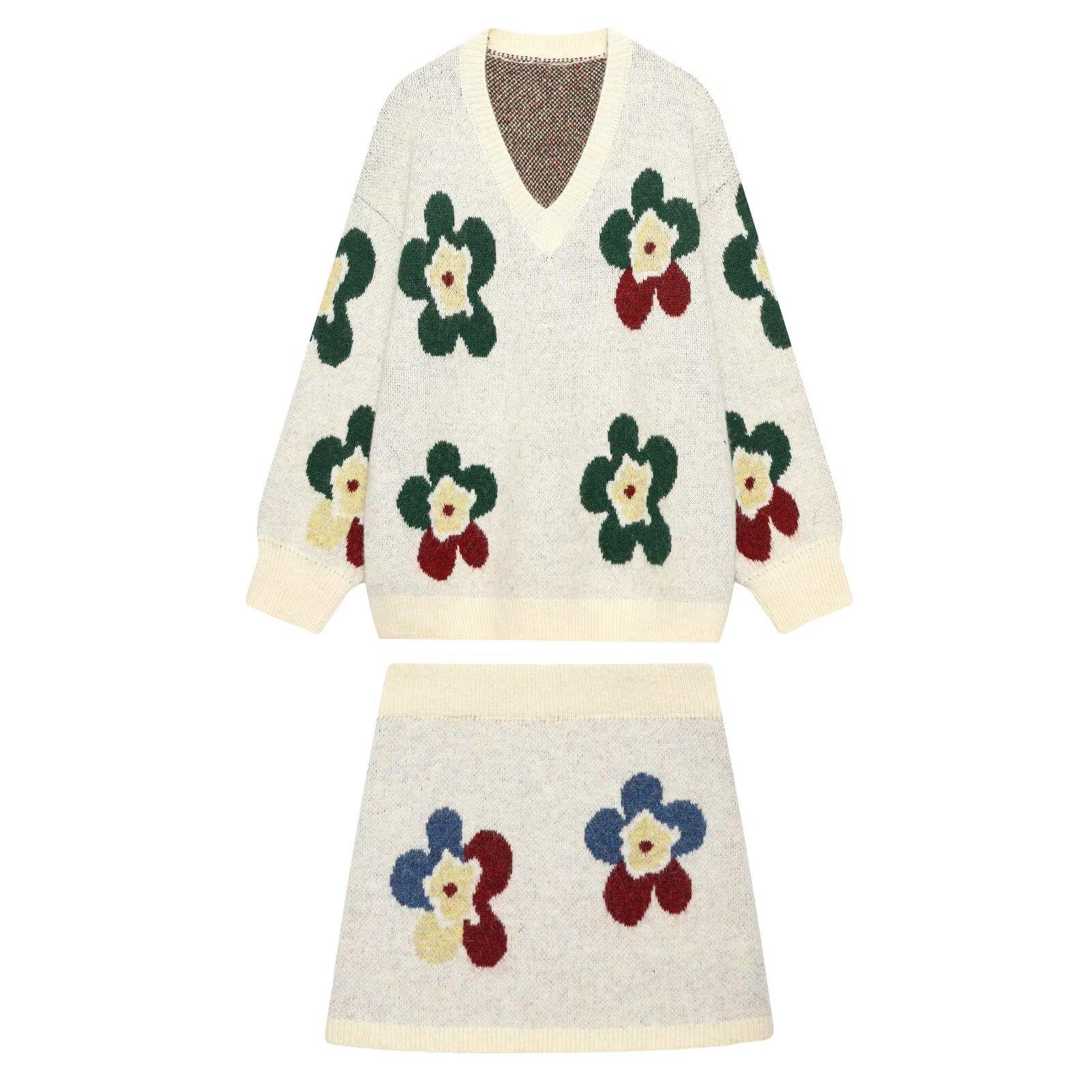 European and American style, new women s clothing, foreign style, fashionable, versatile, flower jacquard knitted suit S