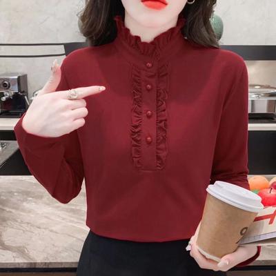 Top Base Feminino de Veludo com Fio Outono e Inverno Temperamento Borda de Cogumelo Veludo Manga Longa Estrangeiro Quente
