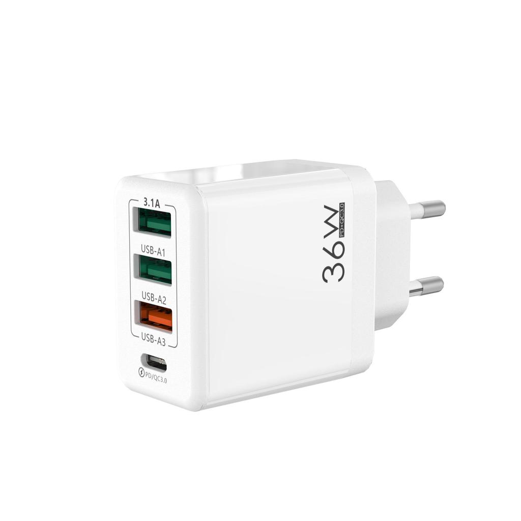 36W Multi-Port Charger with 3A+1C Ports, UK Standard, High-Power 3.1A Flash Charging