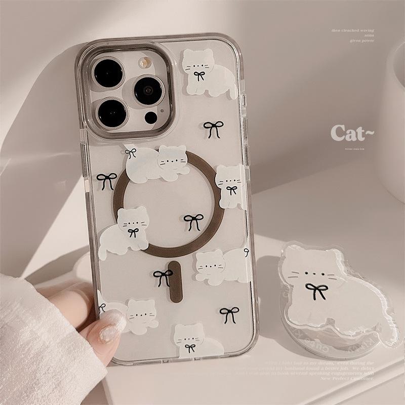 Cute Cartoon Cat Transparent Magnetic Holder Phone Case  For iPhone17 16 15 14 13 12 Pro Max Wireless Charging Back Cover