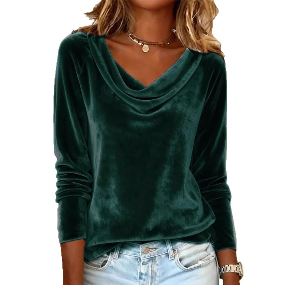 European & American 2025 Fashion Women's Solid Color Velvet Swing Collar Long Sleeve T-shirt