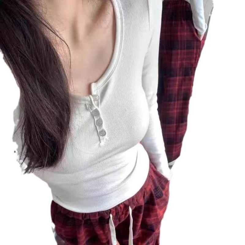 

Футболка с U-образным вырезом, с длинными рукавами, женская, весна-осень, новая, однотонная, простая и универсальная, базовая, топ S белый