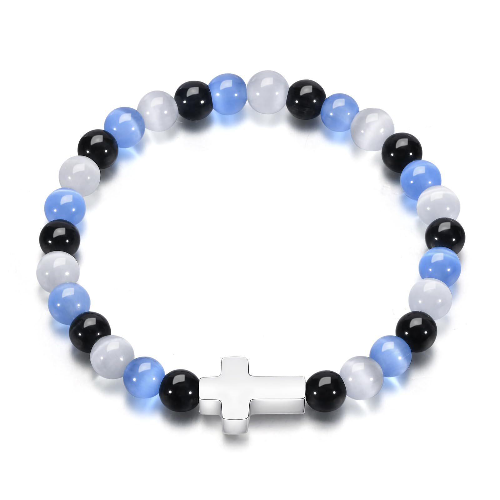 Men s Colored Cat s Eye Stainless Steel Cross Bracelet Acrylic Cross