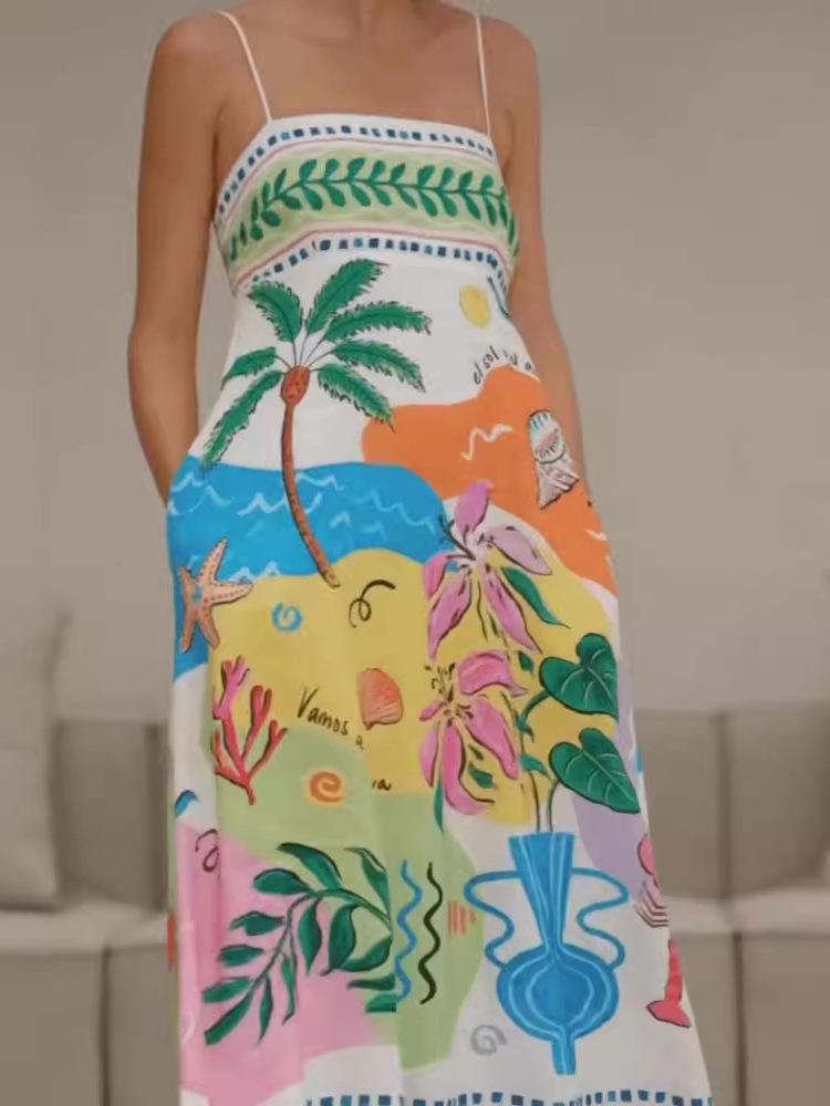 2026 New Beach Style Sleeveless Spaghetti Strap Dress with Positioning Print for Women