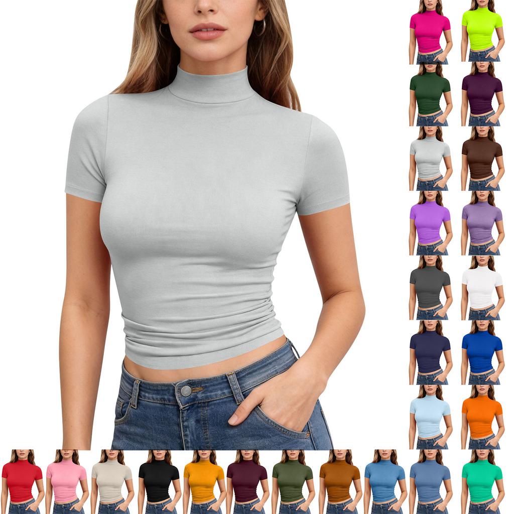Dames T-shirt met korte mouwen, slank gesneden, met opstaande kraag, rekbaar, lichtgewicht, ademend, basic top voor dagelijks gebruik
