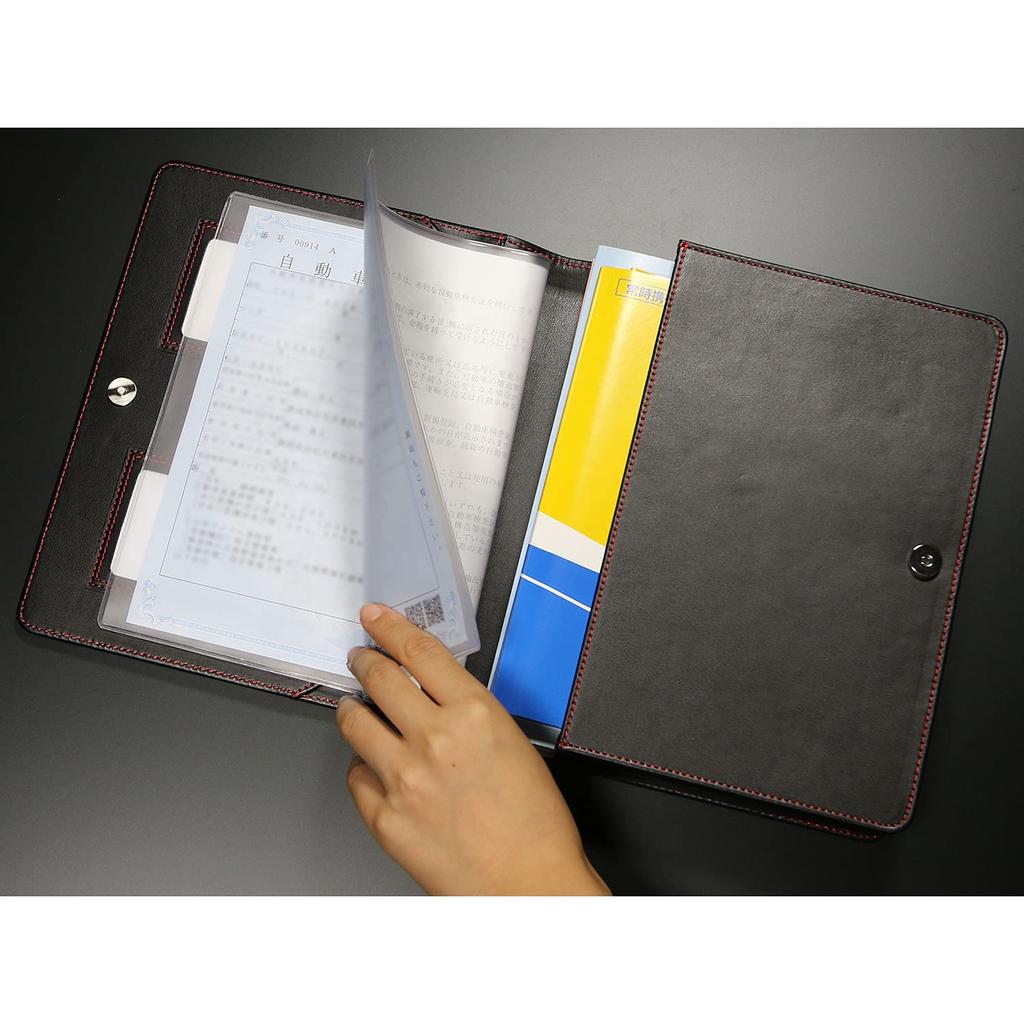 MONSTER SPORT Etui na dokumenty rejestracyjne pojazdu Skórzane Czerwone Duża Pojemność z Kieszenią na Wizytówki i Zapinane na Guzik [Przeszycia o Wyglądzie Karbonu]