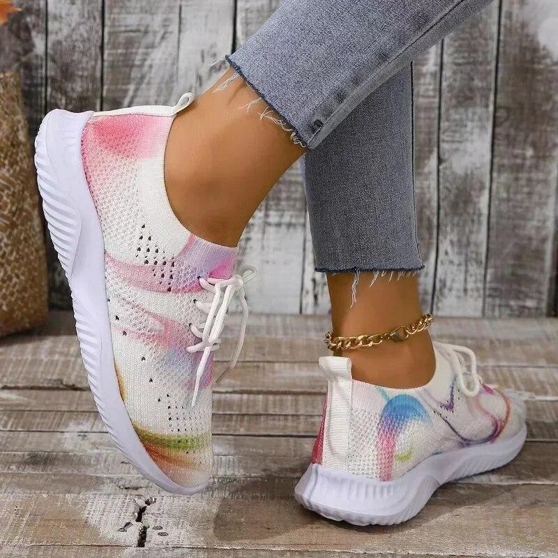 Women Mix Color Mesh Knitted Sneakers Autumn Lightweight Breathable Soft Sole Running Shoes Woman Slip On Flats Sock Shoes