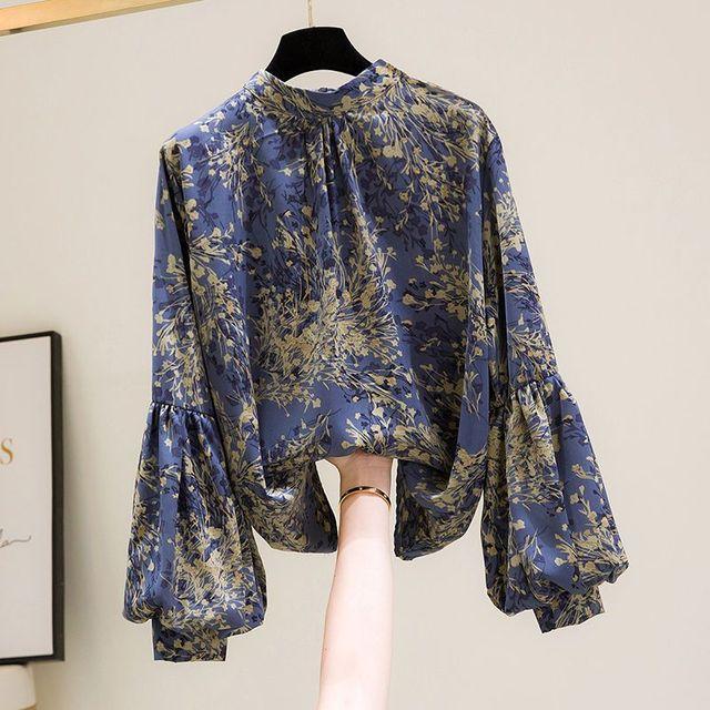 

Шифоновая рубашка с рукавами-фонариками, новинка весны, вечерняя блузка с фрагментарным цветком в стиле ретро, ​​женский топ с длинными рукавами и воротником-стойкой M синий