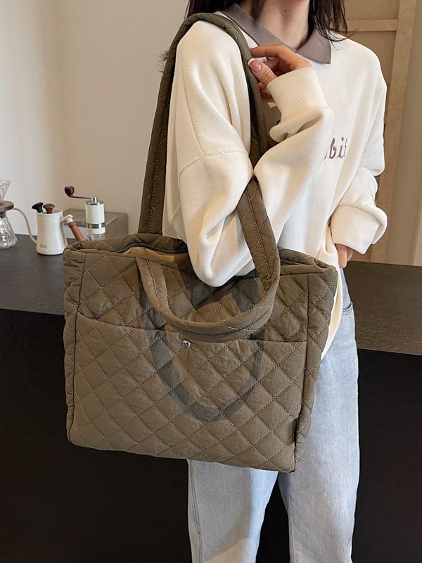 Large Diamond Lattice Cotton Padded Women's Tote – Autumn/Winter Casual Fashion Handbag