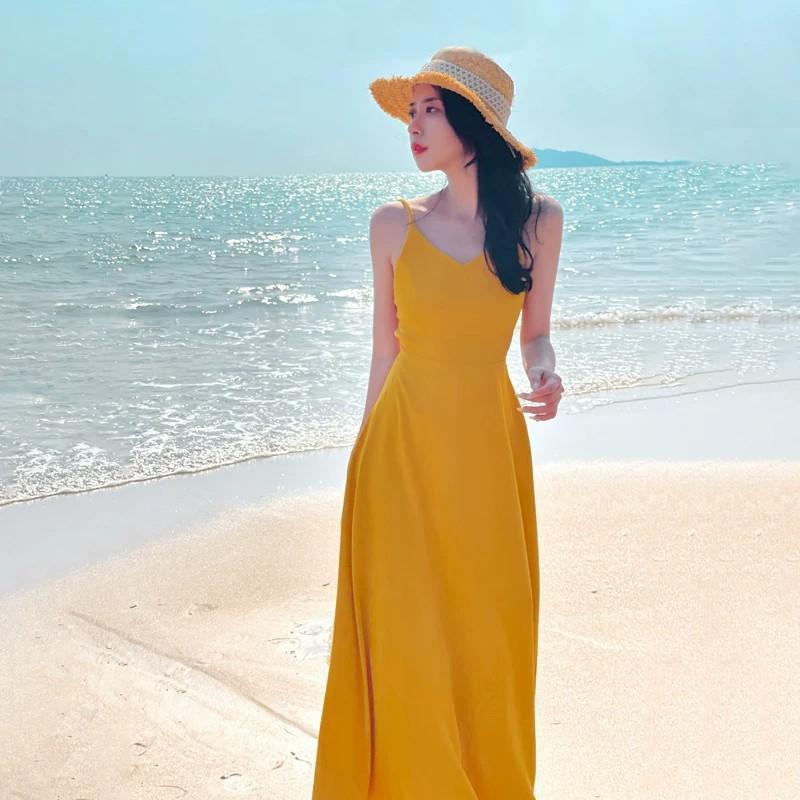 Hainan Sanya photo beach dress high sense women summer backless temperament long dress seaside vacation yellow dress S