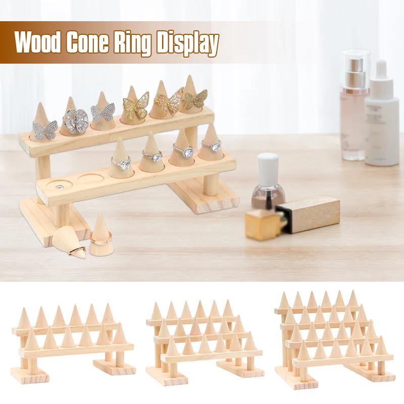 Wood Cone Ring Display Holder Jewelry Display Stand Ring Showcase Storage Tray for Counter Shows Base Shop Decor Display Rack