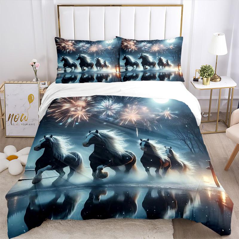 3pcs Anime Horse Fireworks Bedding Set - Includes One Quilt Cover and Two Pillowcases (No Core) - Home Decor Gift for Bedroom and Guest Room