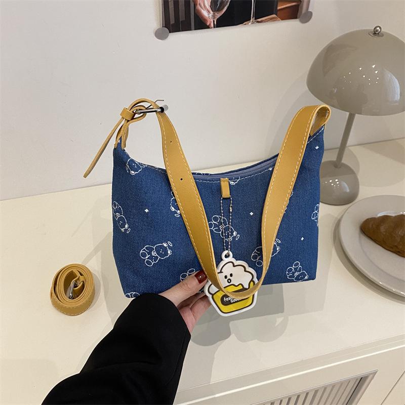 Korean Version of Single Shoulder 2025 Spring Simple Casual Portable Cute Cat Print Denim Small Square Bag Dark Blue