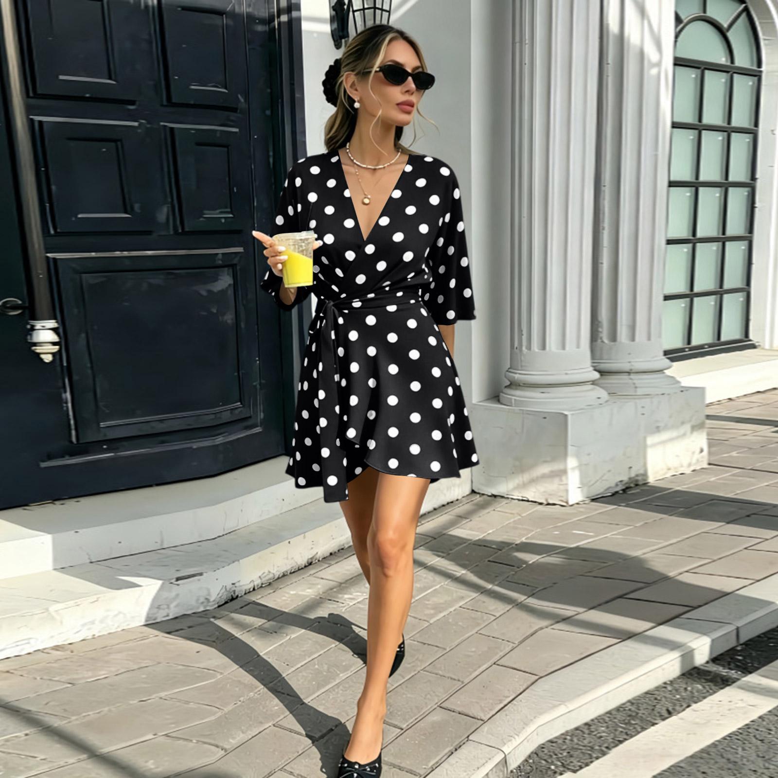 Women Polka Dot Dress V Neck High Waist A Line Dress L