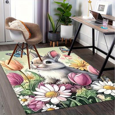 Office Carpet Spring Bunny and Flowers Design for Sofa Protection Under Chairs
