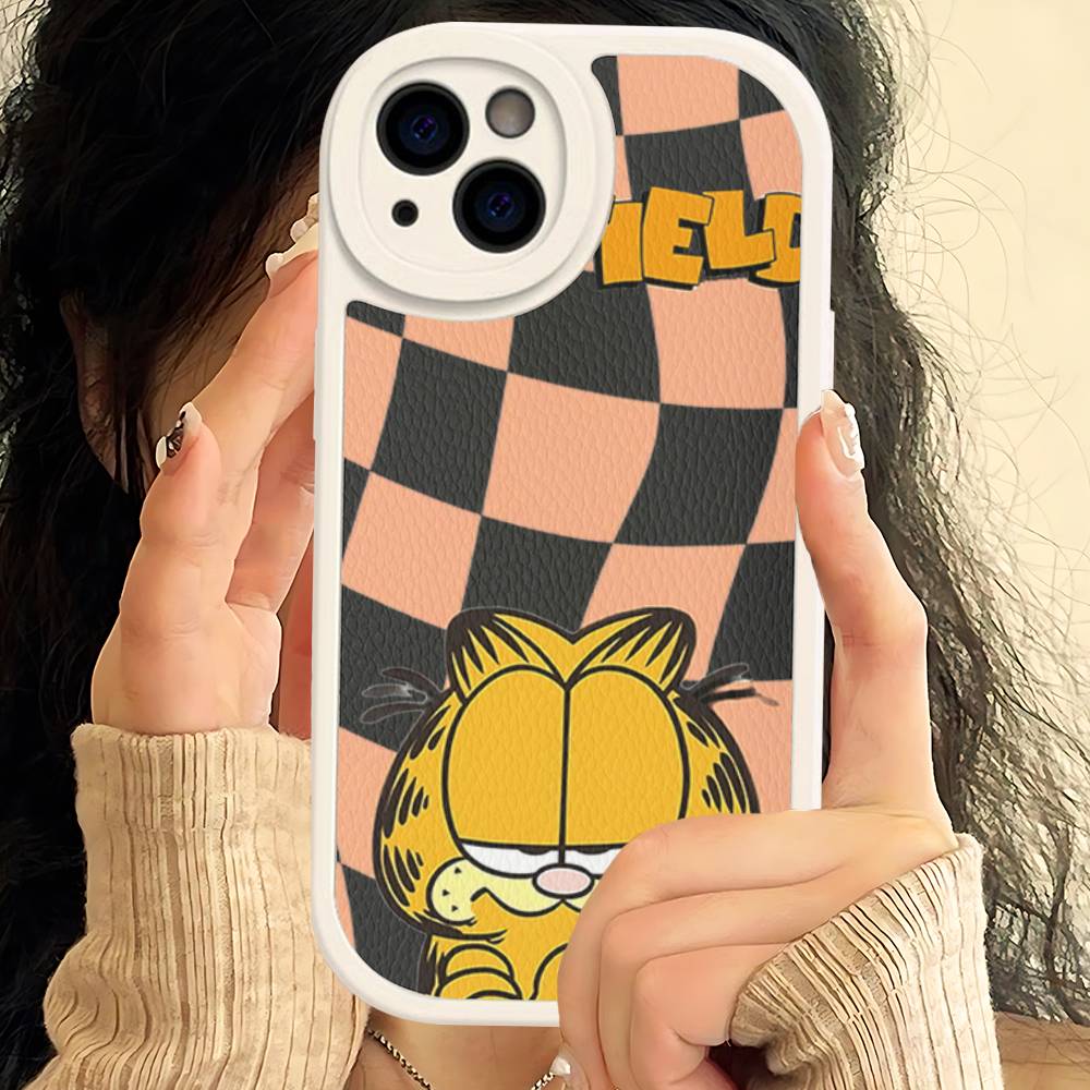 Cute Cartoon G-garfield Cat Leather Phone Case For IPhone 16 16e 15 14 13 12 11 Pro Max Plus Mini Cover
