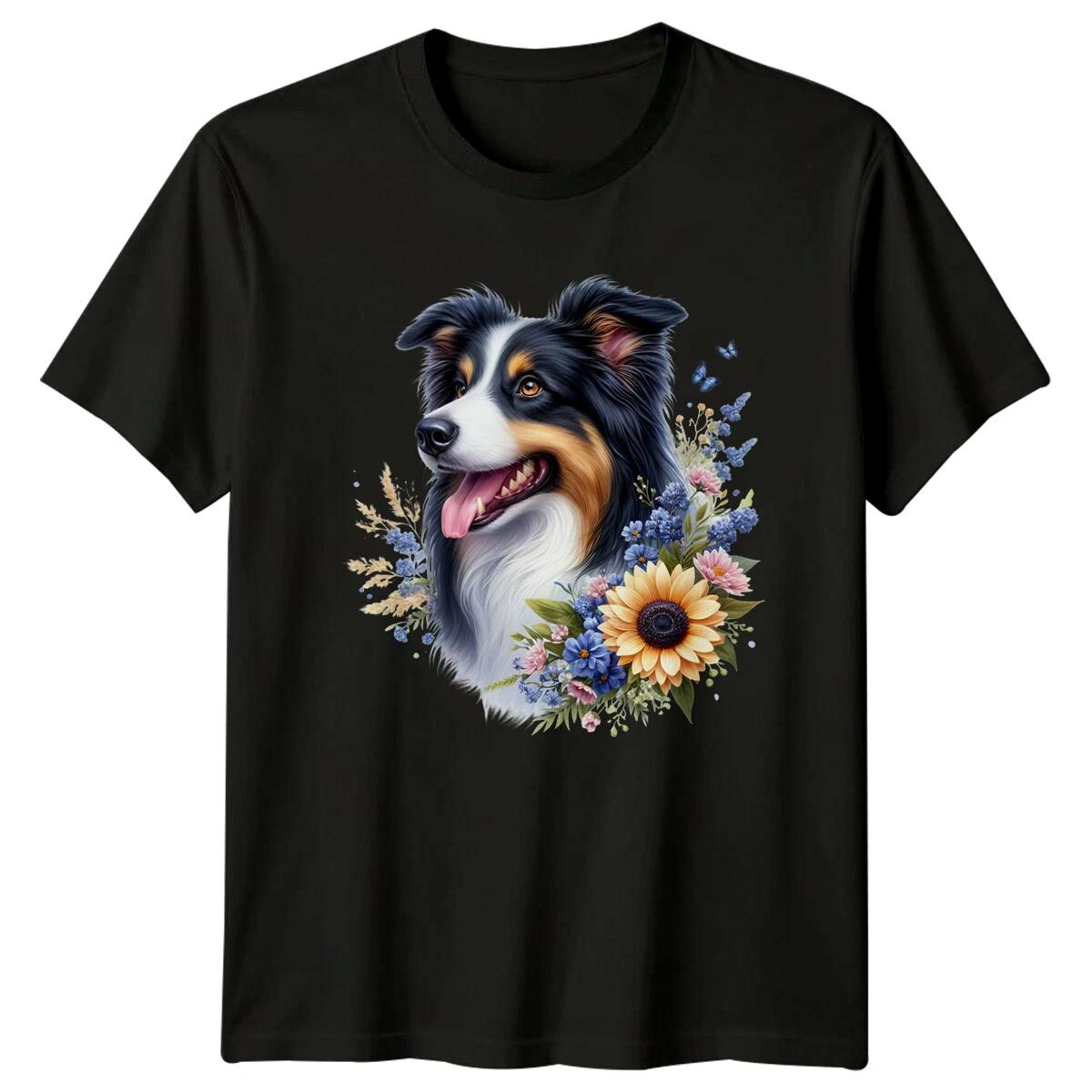 Floral Border Collie Dog Lover T-Shirt, Cute Dog Gift XL