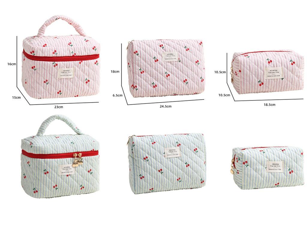 Korean version red cherry print quilted cosmetic bag striped three- versatile simple storage bag going out travel porta