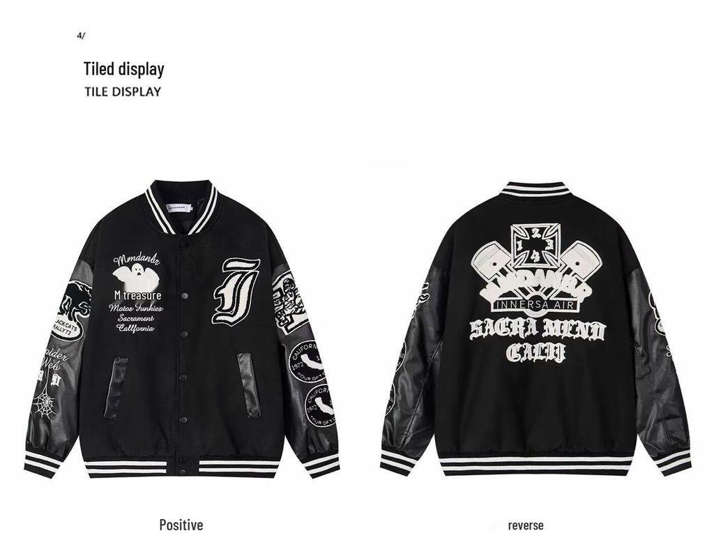 Męska Wysokiej Jakości Czarna Pikowana Kurtka Baseballowa z Naszywkami - Wszechstronna i Modna Odzież Wierzchnia