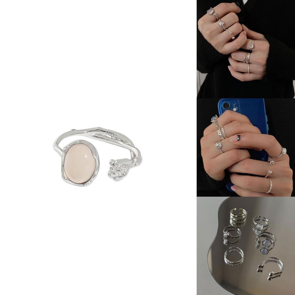 Stunning 925 Sterling Silver Korean Geometric Open Adjustable Ring With Unique Gemstone Crystals