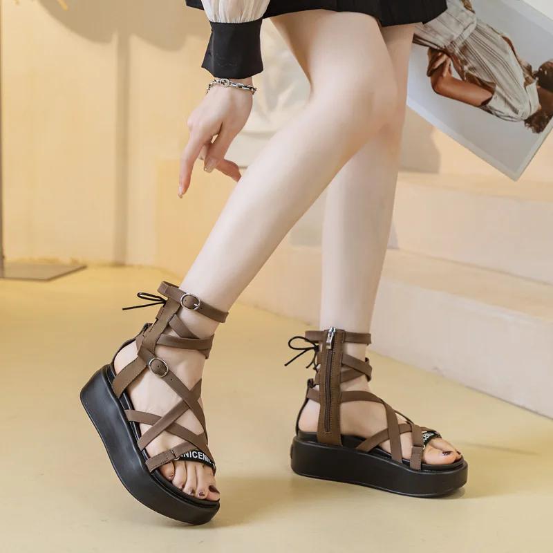 6cm Air Mesh Breathable Genuine Leather Stretch Ankle Boots Weave Shoes Hollow Boots Woman Zip Casual Sandals Summer
