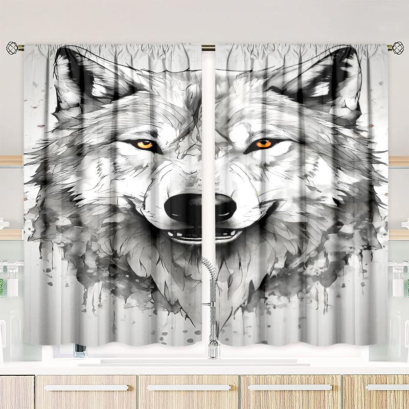 2pcs- Sketch Wolf Head Polyester Curtains, Pole Bag Curtains 42*84, Bedroom, Living Room, Home Room Decoration