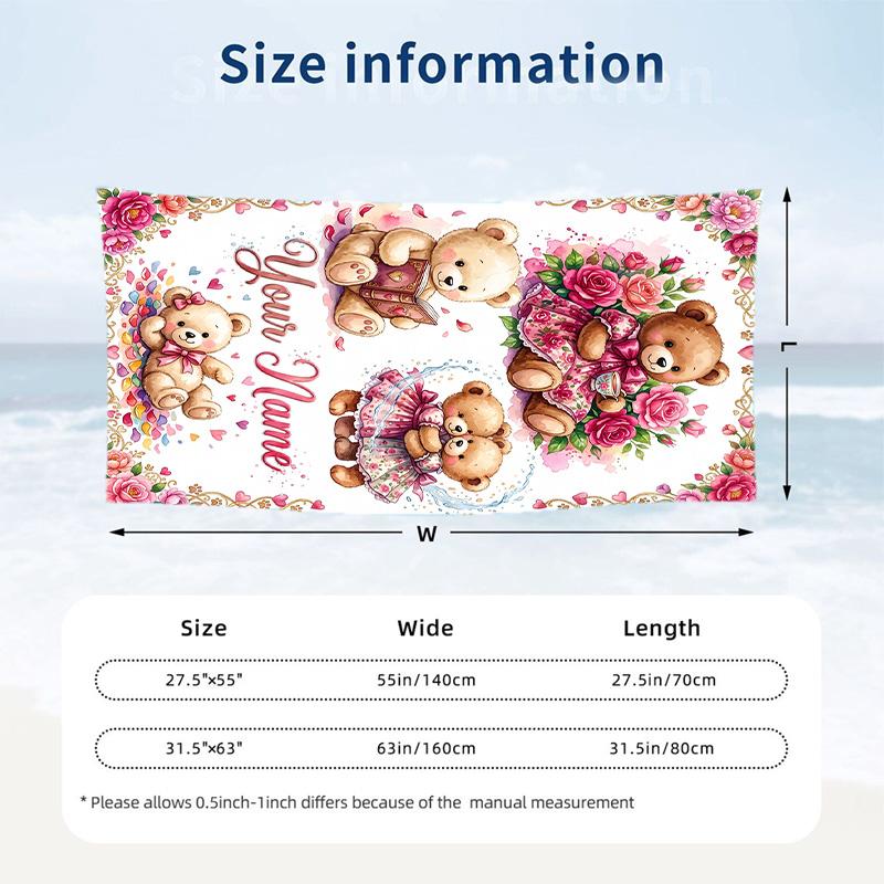 Teddy Bear Theme Beach Towel Personalized Custom Name & Text Soft Quick Dry Beach Towel for Swimming Travel
