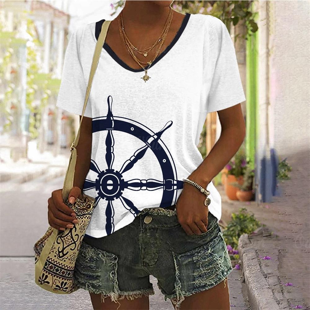 Sommer Oversized T-Shirts Ankerprint Oberteil für Damenmode V-Ausschnitt Damenmode Große Größen Stil T-Shirt für Damen