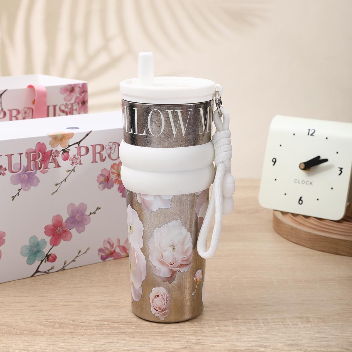 Luxury Floral Series Pure Titanium Insulated Cup - Large Capacity 710ml