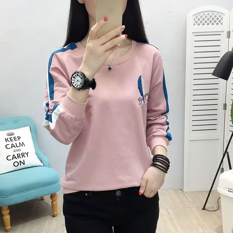 Spring Autumn Lady Loose Appear Thin Long Sleeved Thin Style Korean Round Neck Patchwork Contrasting Colors Insert All-match Tops