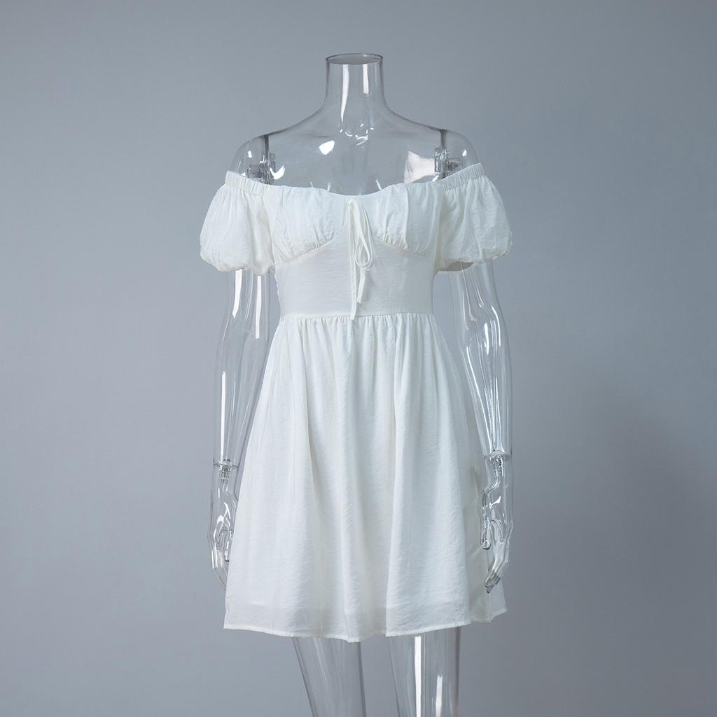 One-word shoulder short-sleeved dress, European and American summer new lace-up waist short skirt, bubble sleeve dress
