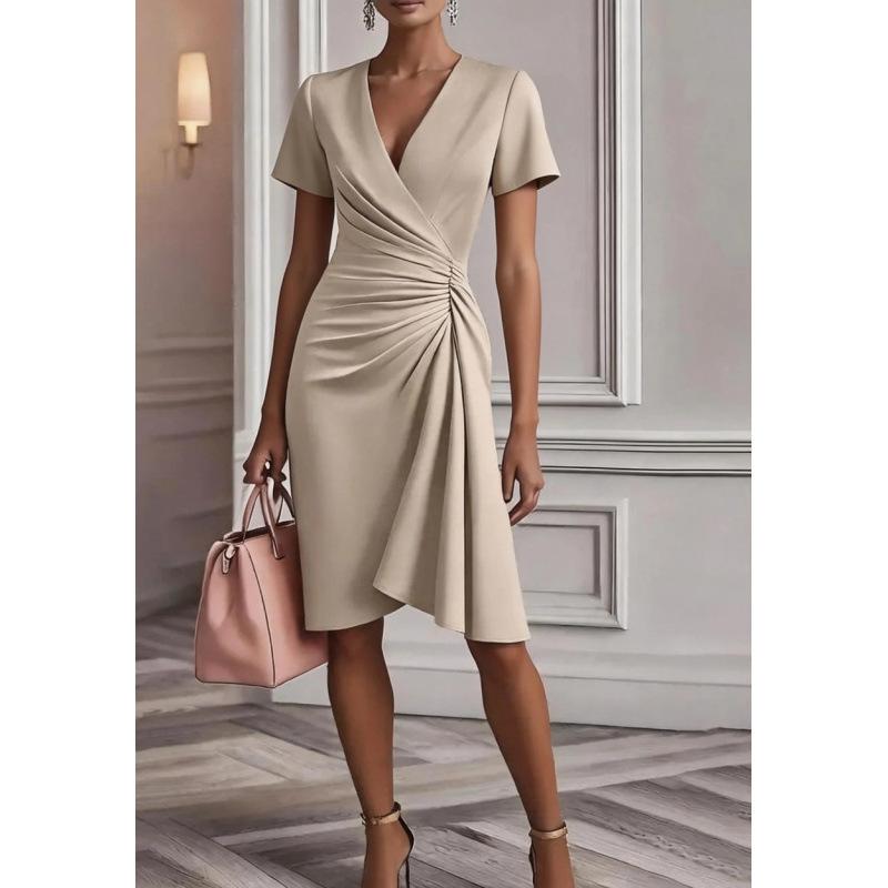 Women Fashion Cross V Neck Waisted Solid Short Sleeve Midi Dress