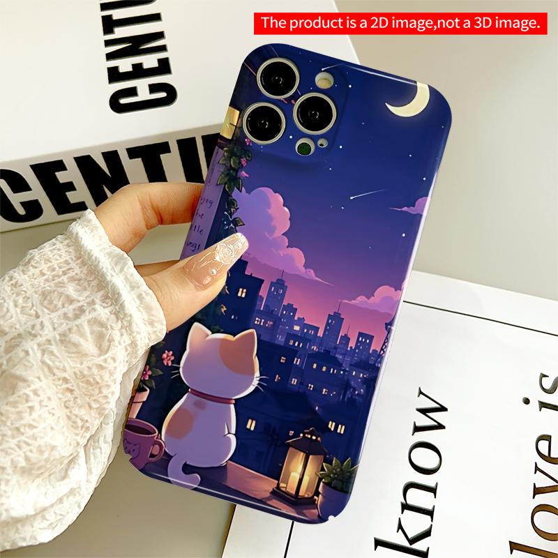 2DFlat Cute Cat Under Moonlit Sky Phone Case All inclusive film hard iPhone case, compatible with iPhone 18 Pro Max 17 16 15 14 13 12 11