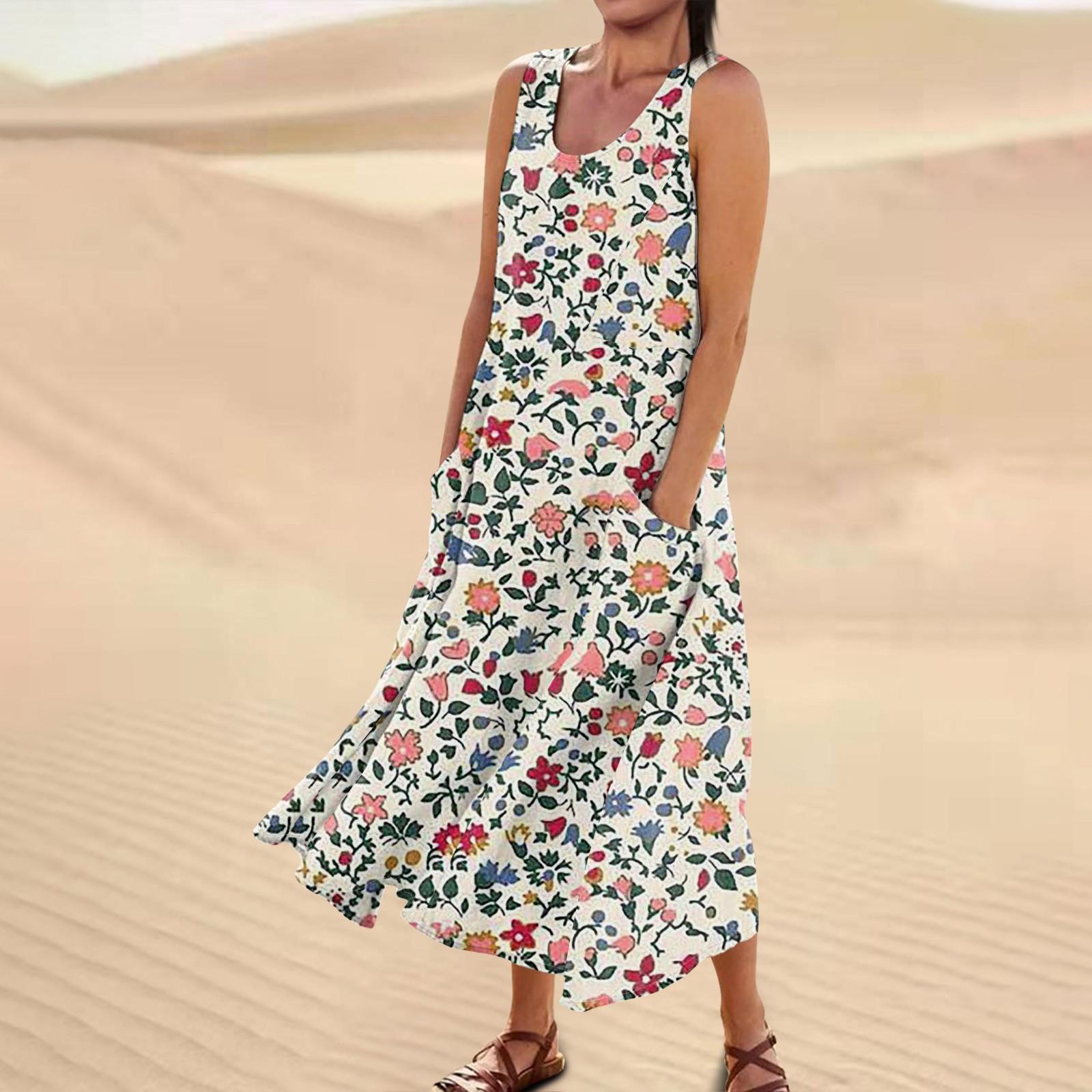 

Женское повседневное удобное хлопковое карманное платье без рукавов с цветочным принтом XXL