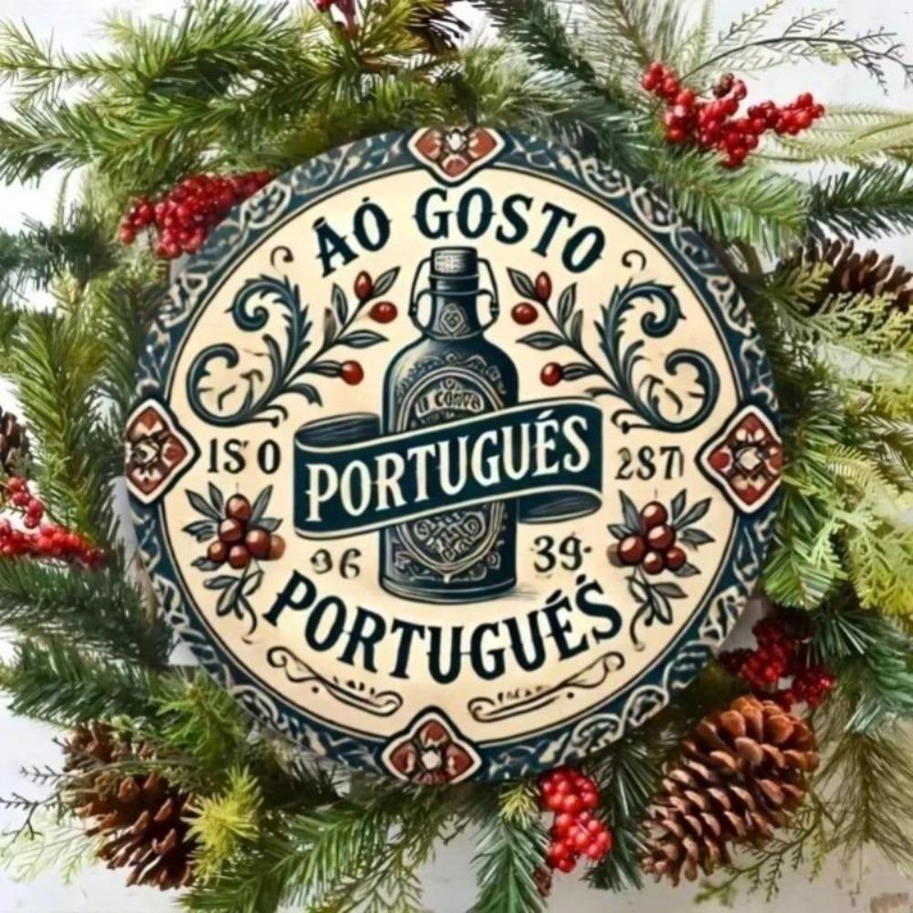 Vintage Portuguese Farmhouse Metal Wall Art Round Aluminum Sign for Home Decor