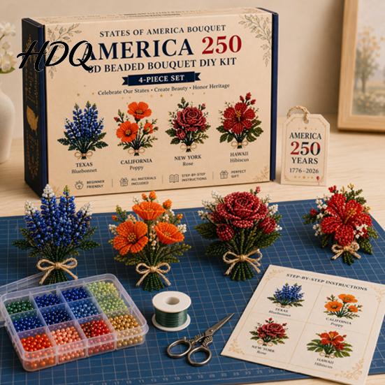 Small 3D Floral Arrangement America 250 Beaded Bouquet DIY Kit 4th of July Patriotic Flower Craft Fantasy Art Kit Handmade Set 1776-2026 Independence