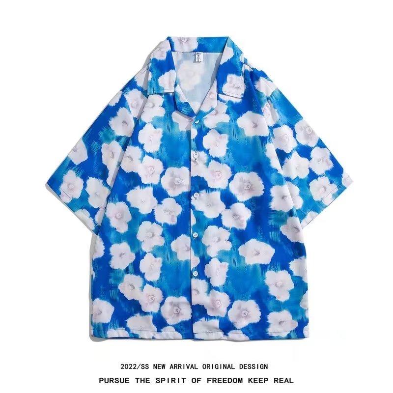 

Летняя мужская рубашка с короткими рукавами и цветочным принтом, пляжная рубашка в стиле ретро для мужчин и женщин, повседневная рубашка с воротником, топ для пары, свободный крой